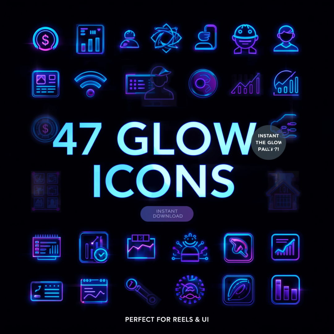 47 Premium Glow Icons Pack | Neon UI & Content Icons